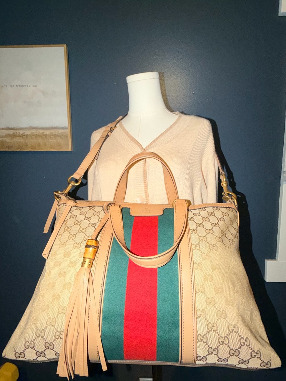 Gucci Rania Medium GG Canvas Tote with Green & Red Center Stripe and Tan Leather